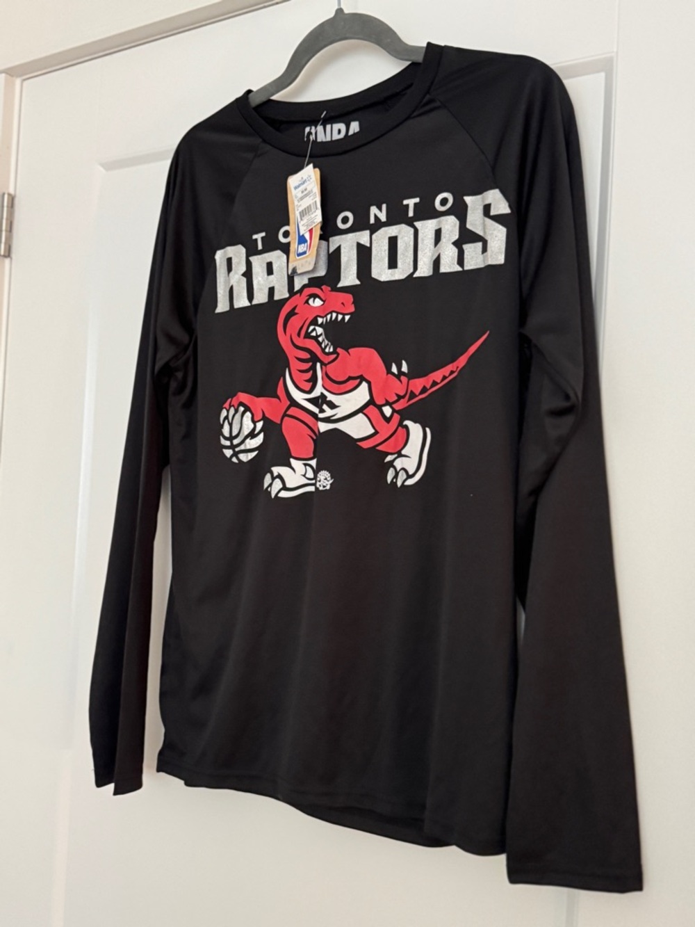 NBA Black Long Sleeve Tee with Red Raptors Dino Graphic